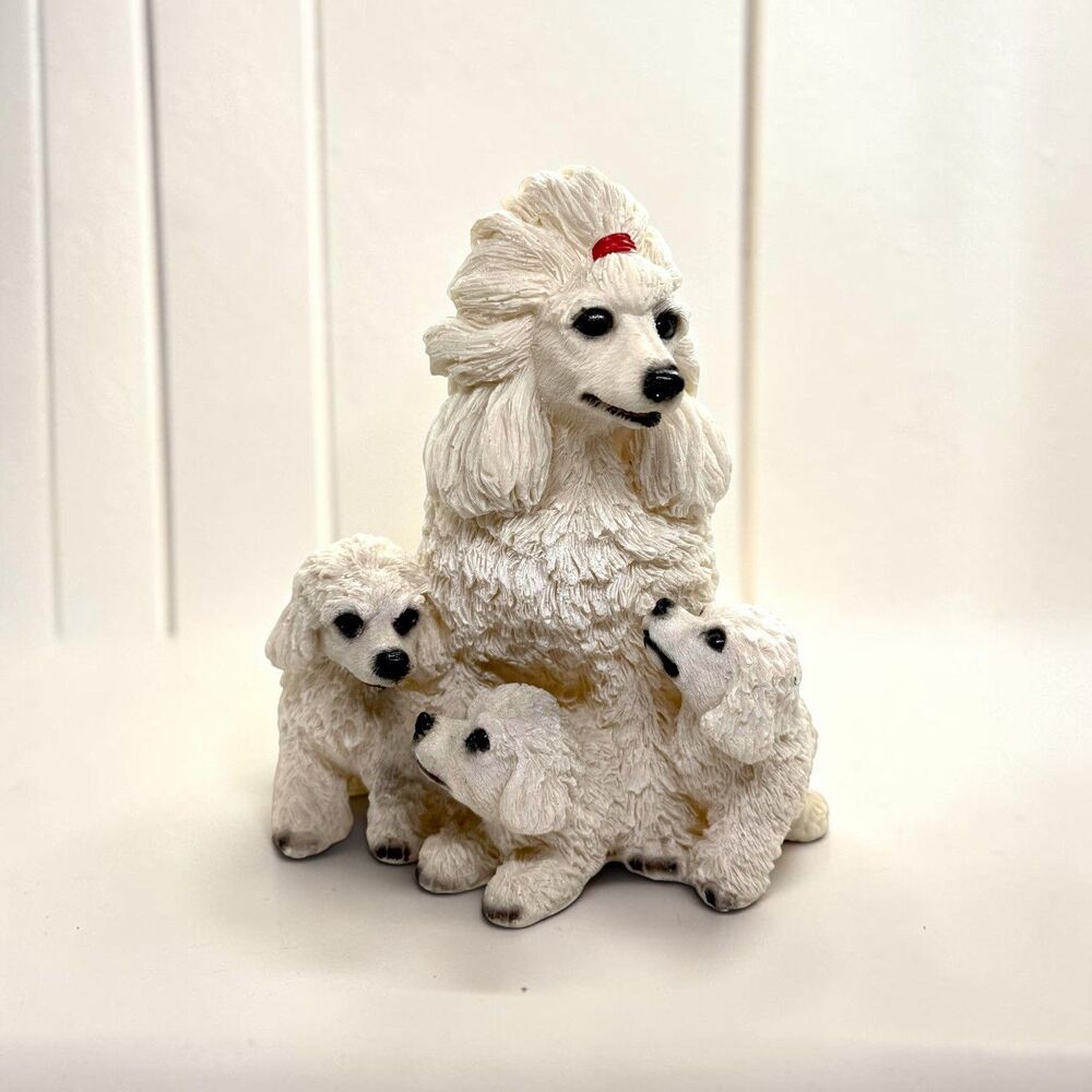 Vintage Adorable Poodle Mama & Puppies Resin Figurine - 6.75" Tall